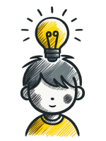 A sketch-style drawing of a child with a light bulb above their head, symbolizing an idea. The primary colors are yellow, gray, and black